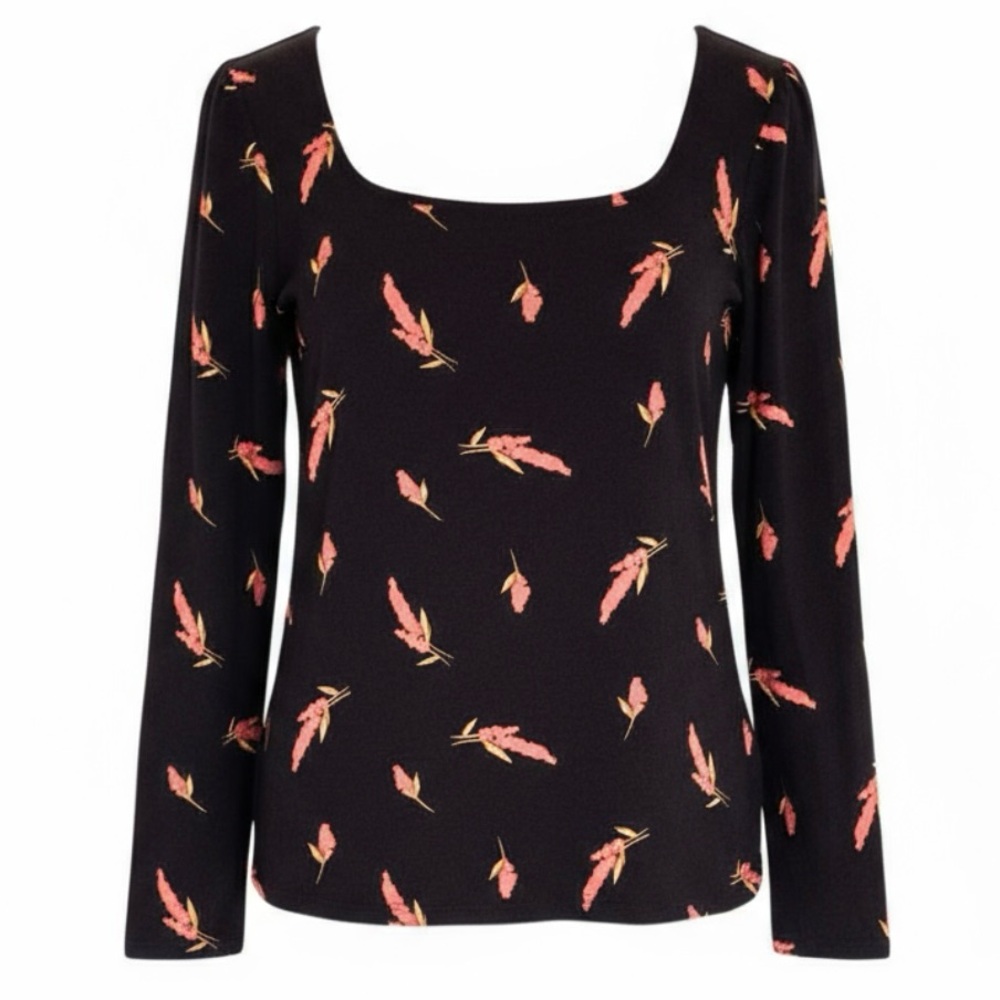 LOFT Black Fall Floral Cotton Knit Scoop Neck and Long Sleeves Shoulder Puff Top